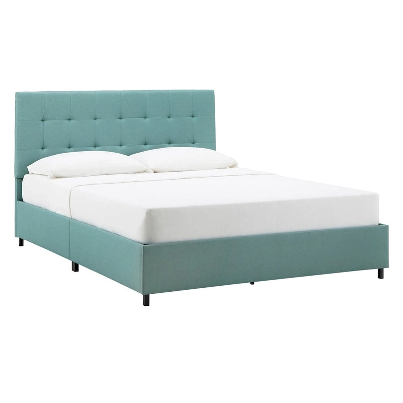 Letto a piattaforma Queen size, testiera imbottita in lino trapuntato, piedini neri, non è necessaria la rete a molle, 83,3"L x 62,2"W