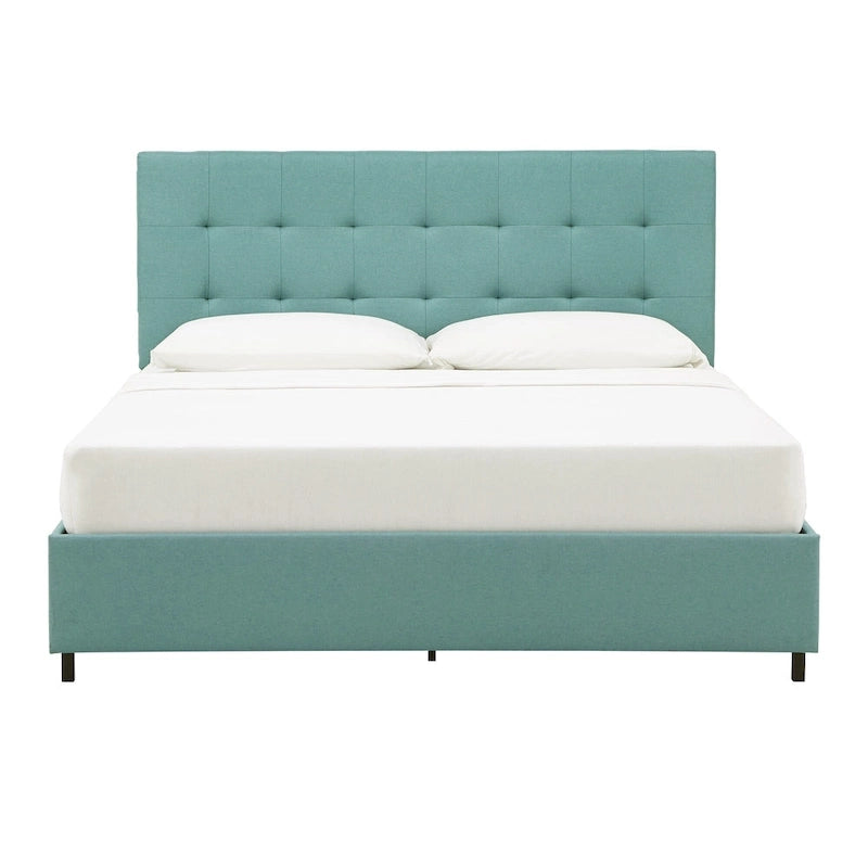 Letto a piattaforma Queen size, testiera imbottita in lino trapuntato, piedini neri, non è necessaria la rete a molle, 83,3"L x 62,2"W