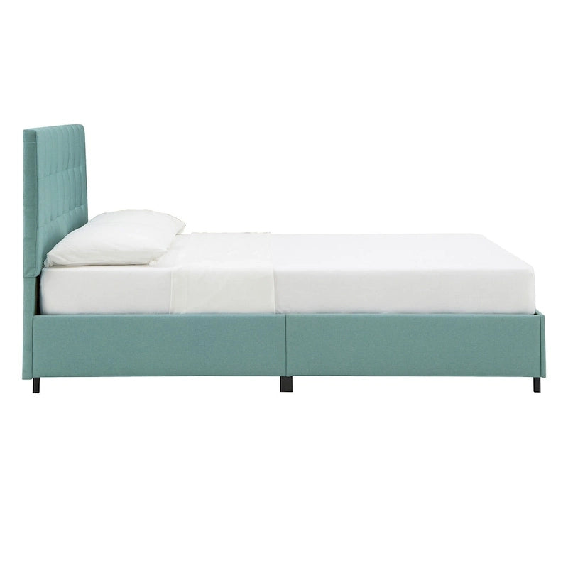 Letto a piattaforma Queen size, testiera imbottita in lino trapuntato, piedini neri, non è necessaria la rete a molle, 83,3"L x 62,2"W