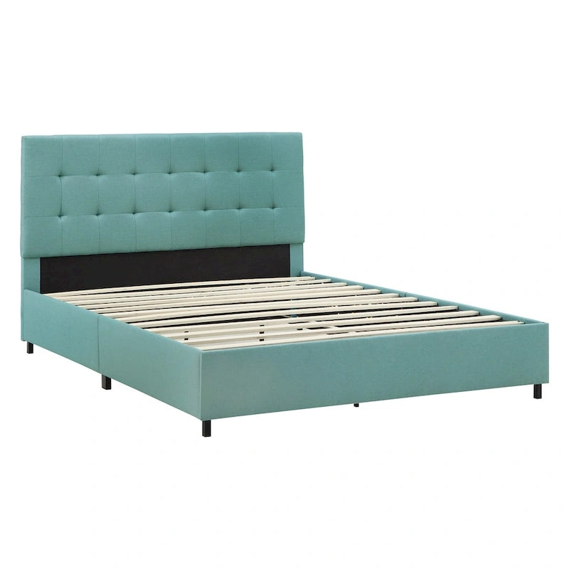 Letto a piattaforma Queen size, testiera imbottita in lino trapuntato, piedini neri, non è necessaria la rete a molle, 83,3"L x 62,2"W