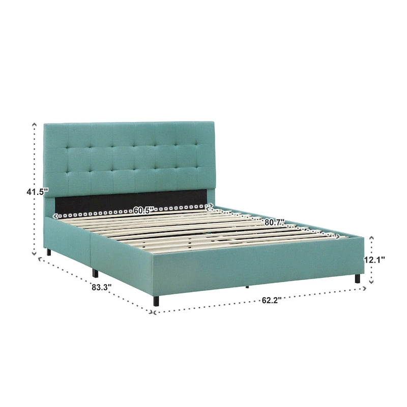 Letto a piattaforma Queen size, testiera imbottita in lino trapuntato, piedini neri, non è necessaria la rete a molle, 83,3"L x 62,2"W