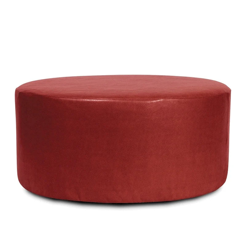 Pouf rotondo da 36" con rivestimento sfoderabile, ecopelle, rosso mela, poggiapiedi e tavolino versatile