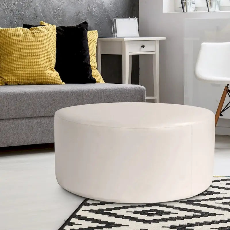 Pouf rotondo da 36" con rivestimento sfoderabile, ecopelle, rosso mela, poggiapiedi e tavolino versatile