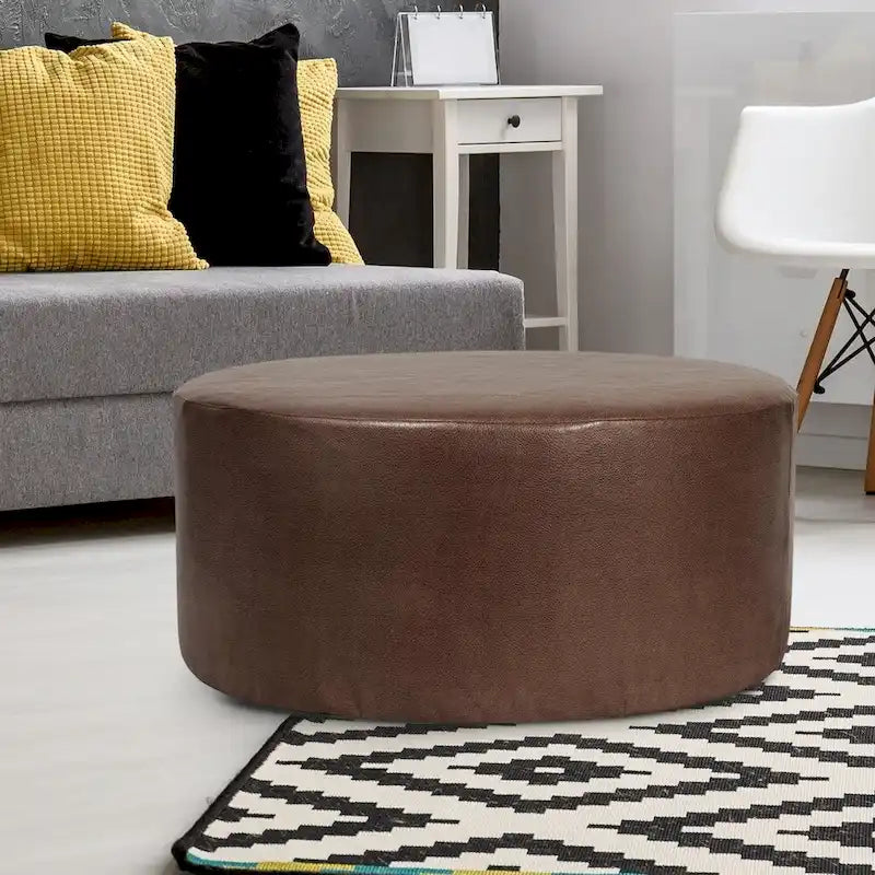 Pouf rotondo da 36" con rivestimento sfoderabile, ecopelle, rosso mela, poggiapiedi e tavolino versatile