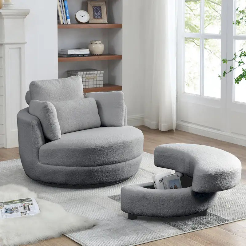 Poltrona girevole imbottita a botte Moon da 39W con pouf contenitore per soggiorno - 51 x 39 x 30,5