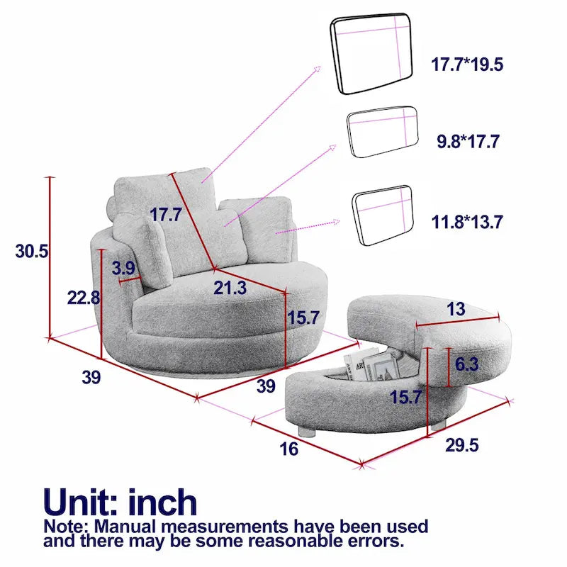 Poltrona girevole imbottita a botte Moon da 39W con pouf contenitore per soggiorno - 51 x 39 x 30,5