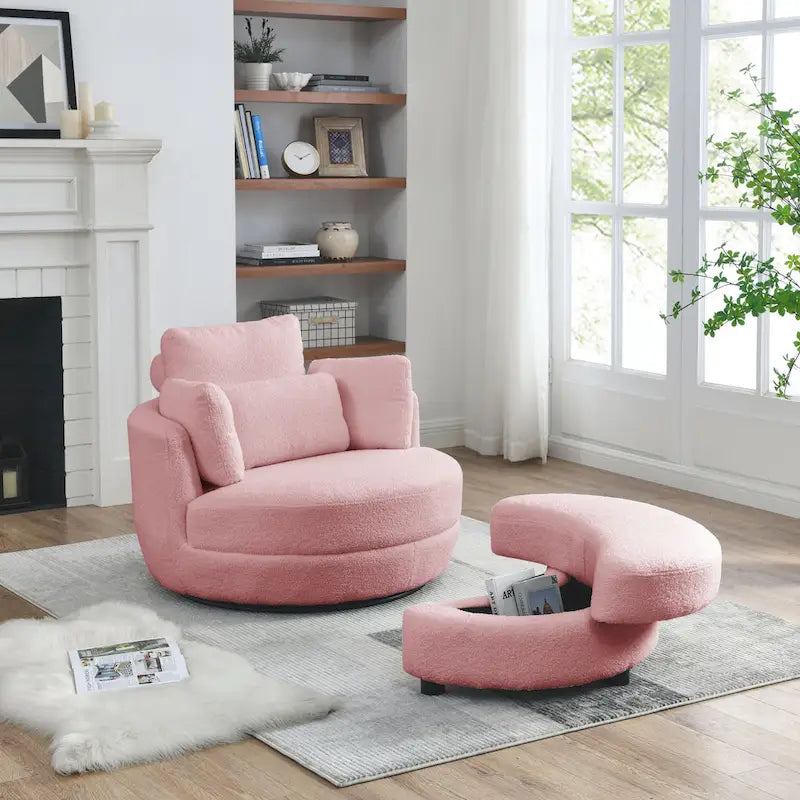 Poltrona girevole imbottita a botte Moon da 39W con pouf contenitore per soggiorno - 51 x 39 x 30,5