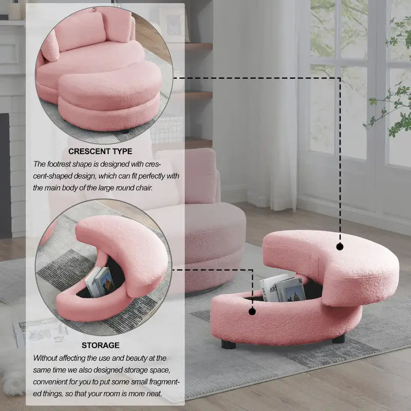 Poltrona girevole imbottita a botte Moon da 39W con pouf contenitore per soggiorno - 51 x 39 x 30,5