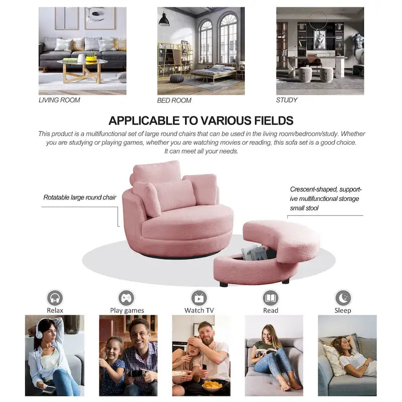 Poltrona girevole imbottita a botte Moon da 39W con pouf contenitore per soggiorno - 51 x 39 x 30,5