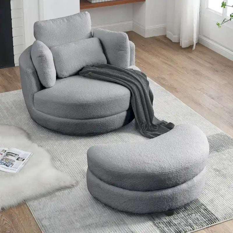 Poltrona girevole imbottita a botte Moon da 39W con pouf contenitore per soggiorno - 51 x 39 x 30,5