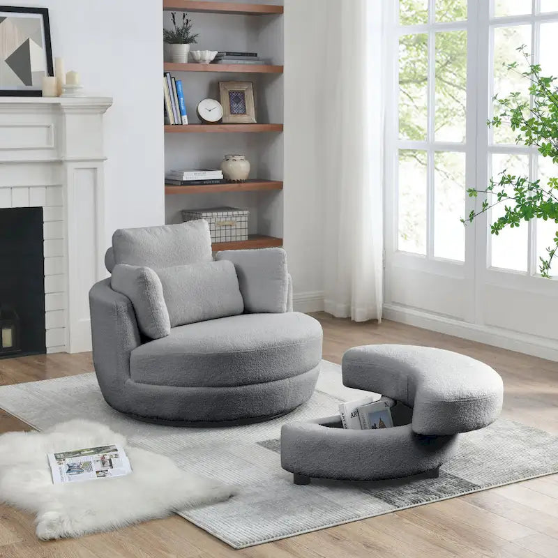 Poltrona girevole imbottita a botte Moon da 39W con pouf contenitore per soggiorno - 51 x 39 x 30,5