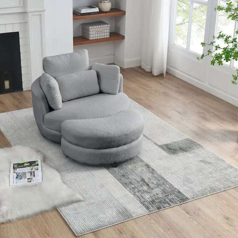 Poltrona girevole imbottita a botte Moon da 39W con pouf contenitore per soggiorno - 51 x 39 x 30,5