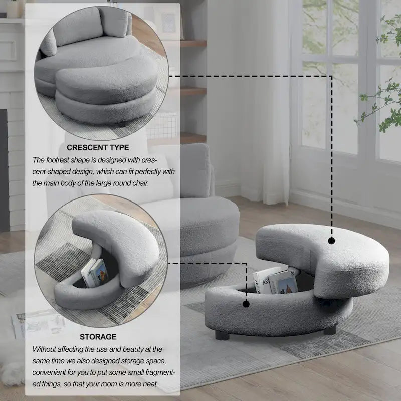 Poltrona girevole imbottita a botte Moon da 39W con pouf contenitore per soggiorno - 51 x 39 x 30,5