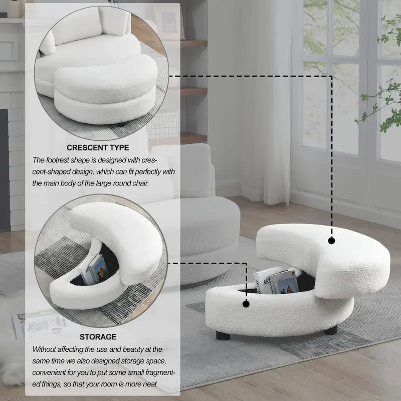 Poltrona girevole imbottita a botte Moon da 39W con pouf contenitore per soggiorno - 51 x 39 x 30,5