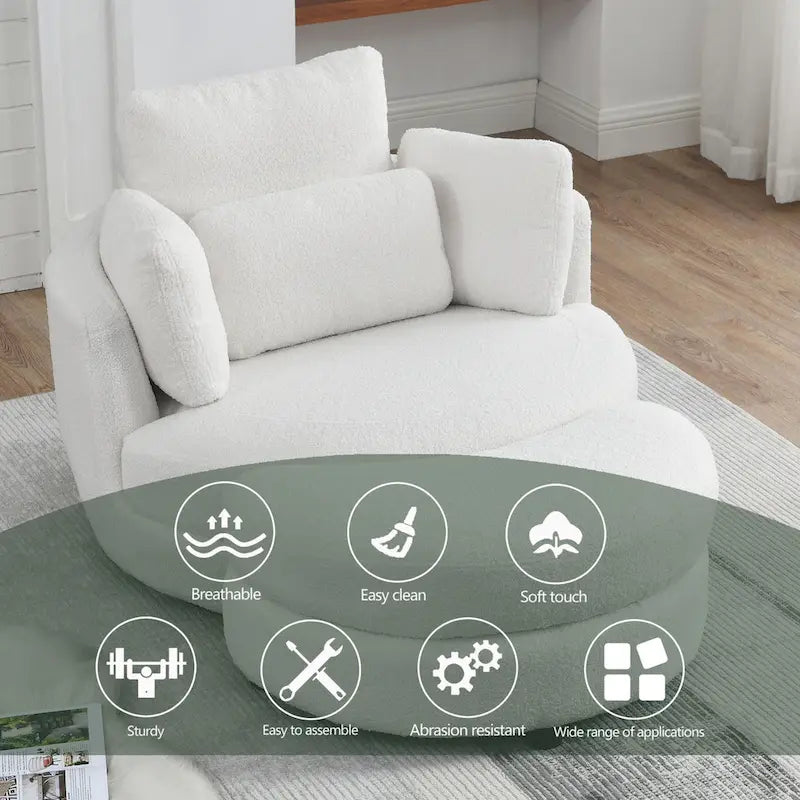 Poltrona girevole imbottita a botte Moon da 39W con pouf contenitore per soggiorno - 51 x 39 x 30,5