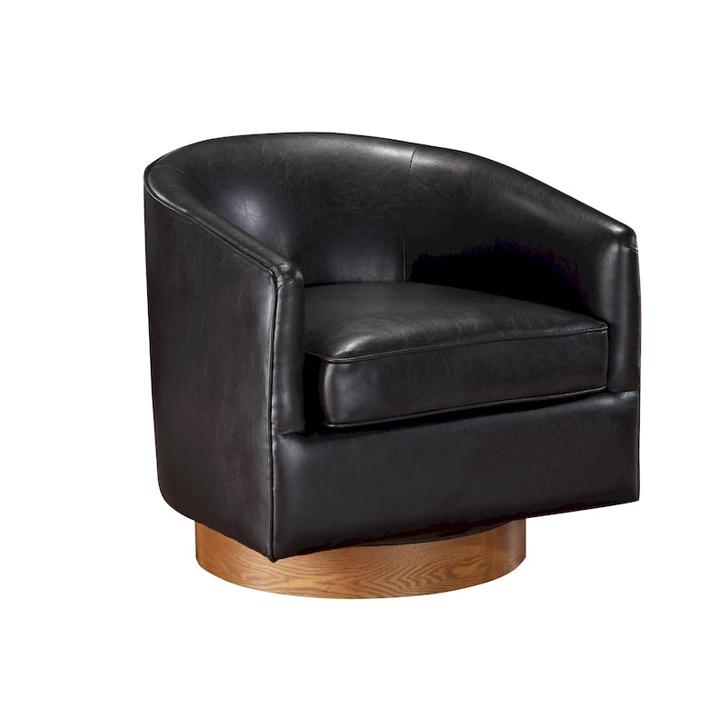 Poltrona girevole a barilotto in similpelle, base in legno massello, rotazione a 360°, stile Mid-Century moderno