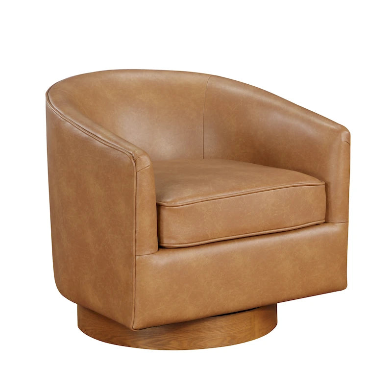 Poltrona girevole a barilotto in similpelle, base in legno massello, rotazione a 360°, stile Mid-Century moderno