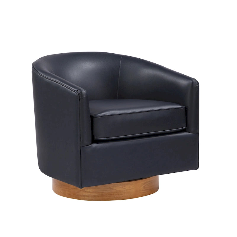 Poltrona girevole a barilotto in similpelle, base in legno massello, rotazione a 360°, stile Mid-Century moderno