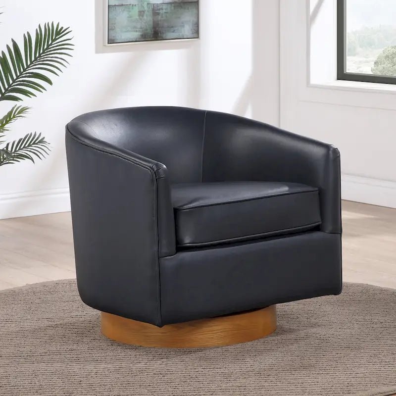 Poltrona girevole a barilotto in similpelle, base in legno massello, rotazione a 360°, stile Mid-Century moderno