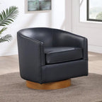 Poltrona girevole a barilotto in similpelle, base in legno massello, rotazione a 360°, stile Mid-Century moderno