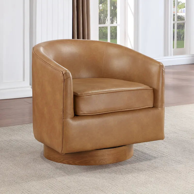 Poltrona girevole a barilotto in similpelle, base in legno massello, rotazione a 360°, stile Mid-Century moderno