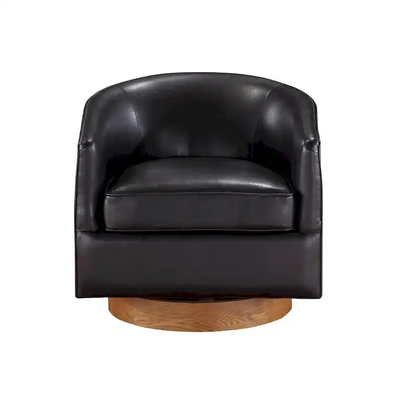 Poltrona girevole a barilotto in similpelle, base in legno massello, rotazione a 360°, stile Mid-Century moderno