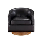 Poltrona girevole a barilotto in similpelle, base in legno massello, rotazione a 360°, stile Mid-Century moderno