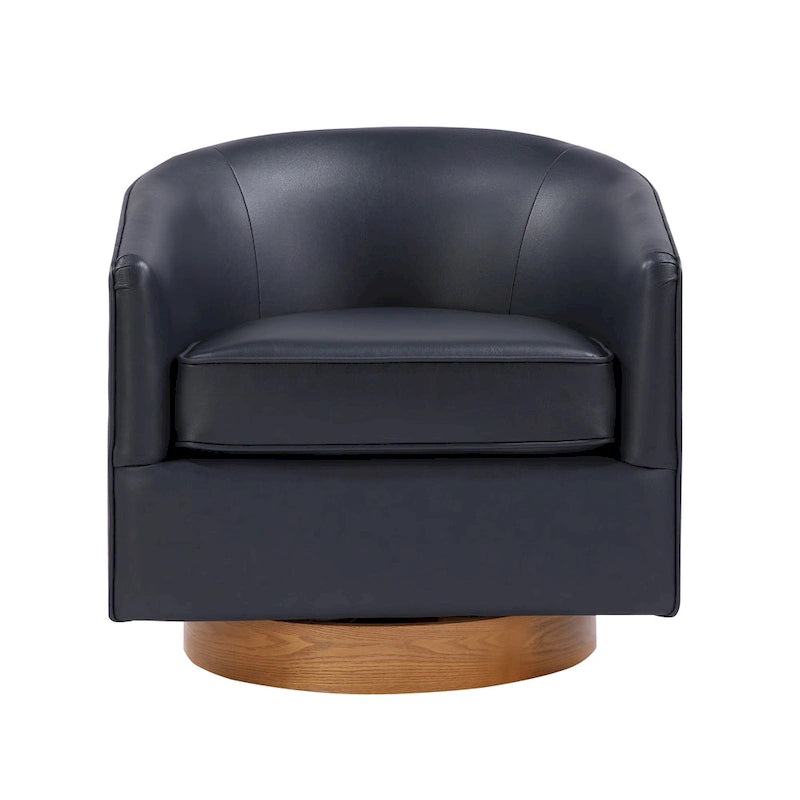 Poltrona girevole a barilotto in similpelle, base in legno massello, rotazione a 360°, stile Mid-Century moderno
