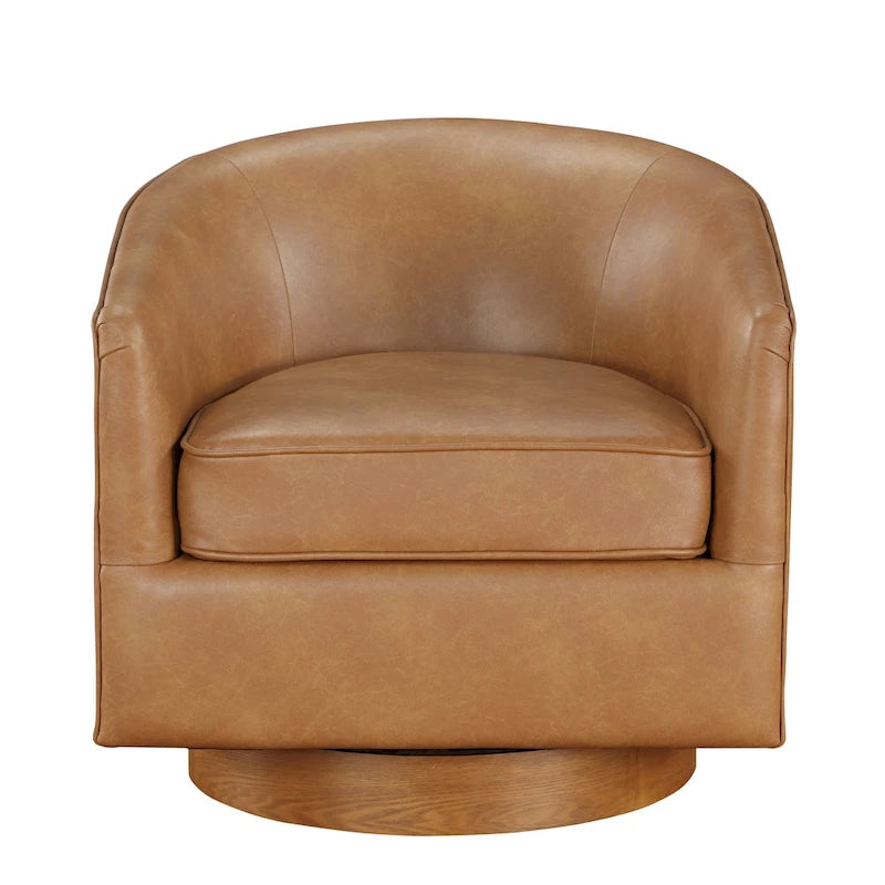 Poltrona girevole a barilotto in similpelle, base in legno massello, rotazione a 360°, stile Mid-Century moderno