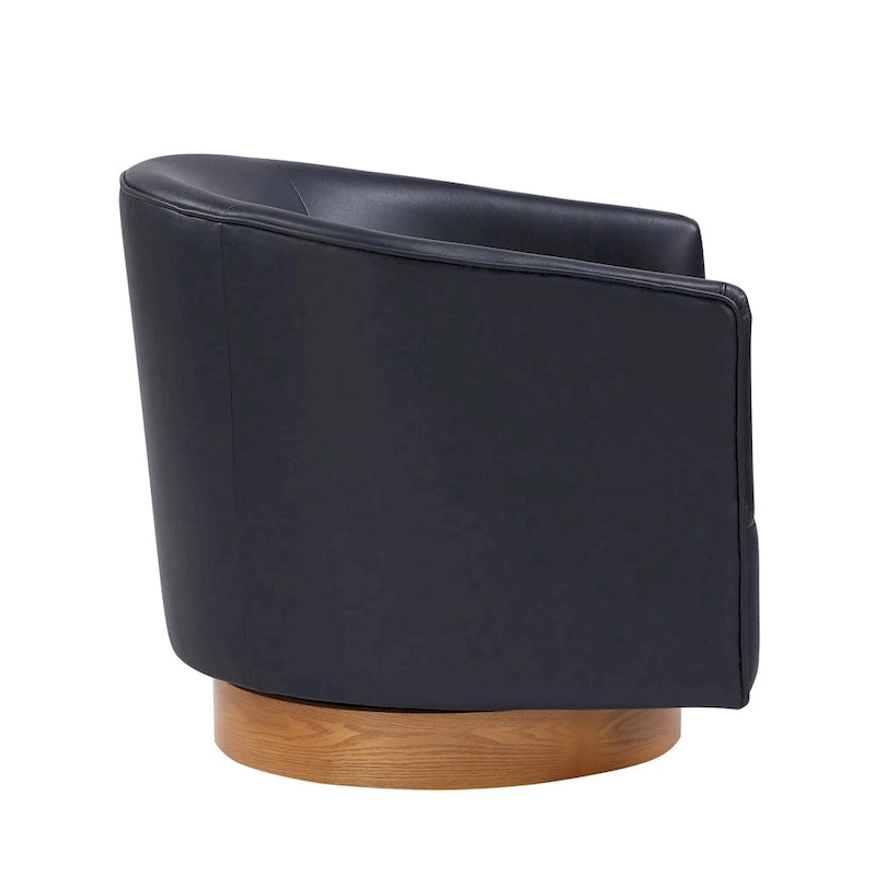 Poltrona girevole a barilotto in similpelle, base in legno massello, rotazione a 360°, stile Mid-Century moderno