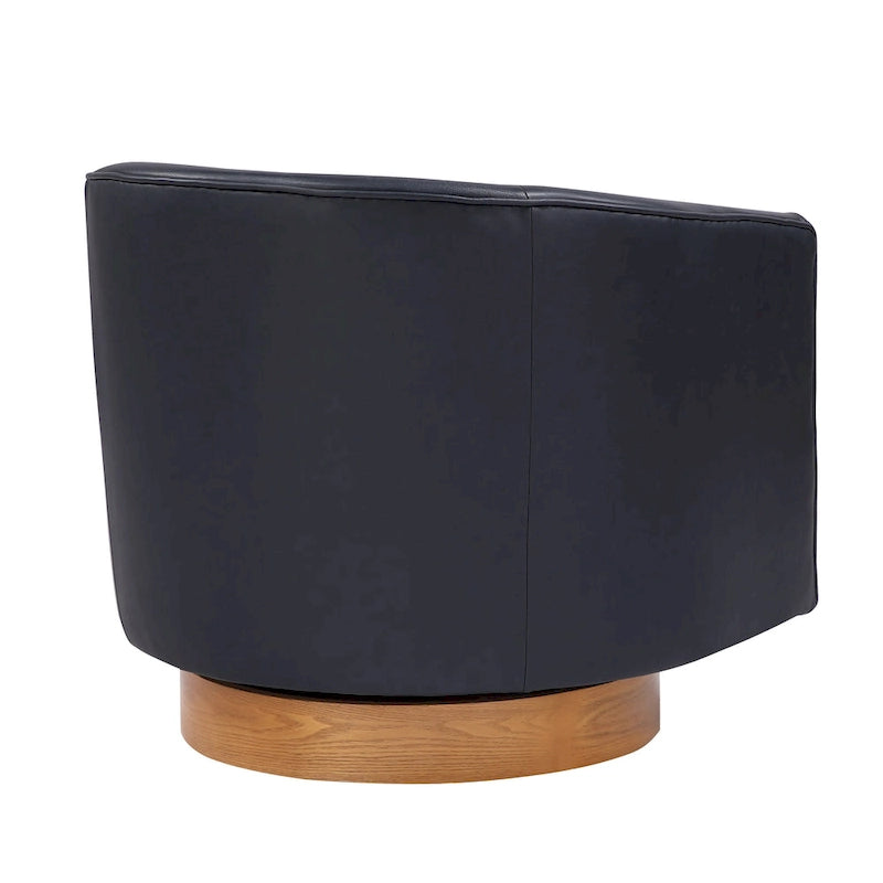 Poltrona girevole a barilotto in similpelle, base in legno massello, rotazione a 360°, stile Mid-Century moderno