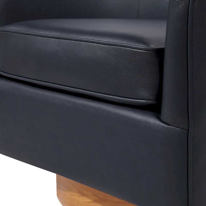 Poltrona girevole a barilotto in similpelle, base in legno massello, rotazione a 360°, stile Mid-Century moderno