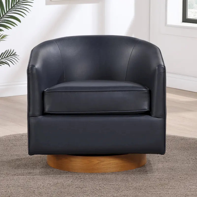 Poltrona girevole a barilotto in similpelle, base in legno massello, rotazione a 360°, stile Mid-Century moderno