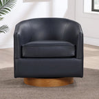 Poltrona girevole a barilotto in similpelle, base in legno massello, rotazione a 360°, stile Mid-Century moderno