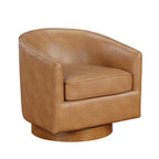 Poltrona girevole a barilotto in similpelle, base in legno massello, rotazione a 360°, stile Mid-Century moderno