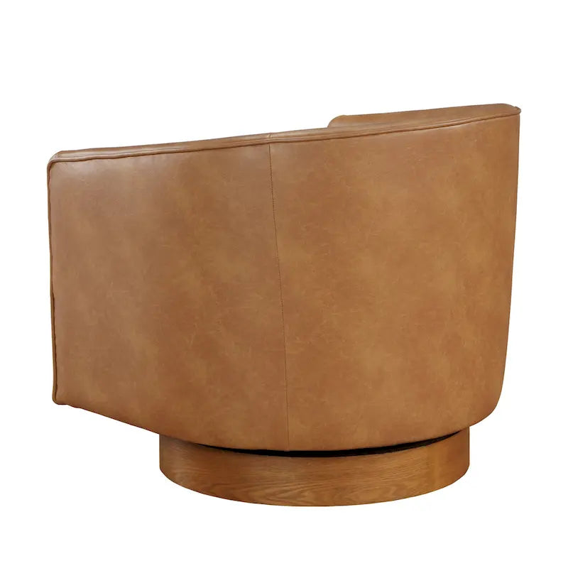 Poltrona girevole a barilotto in similpelle, base in legno massello, rotazione a 360°, stile Mid-Century moderno