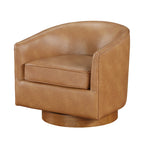Poltrona girevole a barilotto in similpelle, base in legno massello, rotazione a 360°, stile Mid-Century moderno