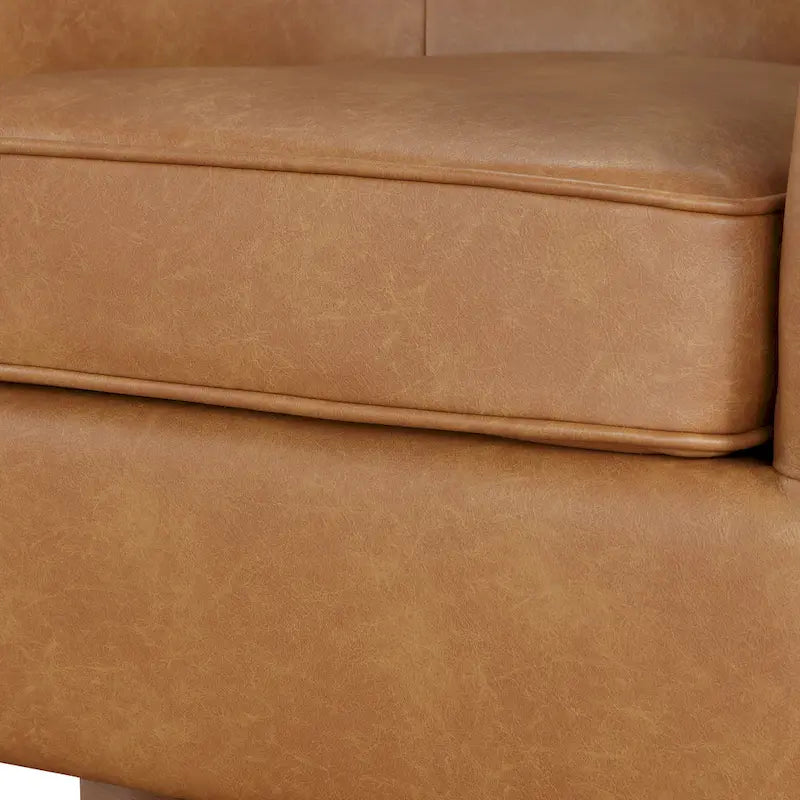 Poltrona girevole a barilotto in similpelle, base in legno massello, rotazione a 360°, stile Mid-Century moderno