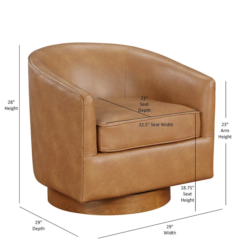 Poltrona girevole a barilotto in similpelle, base in legno massello, rotazione a 360°, stile Mid-Century moderno