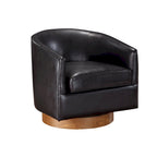 Poltrona girevole a barilotto in similpelle, base in legno massello, rotazione a 360°, stile Mid-Century moderno