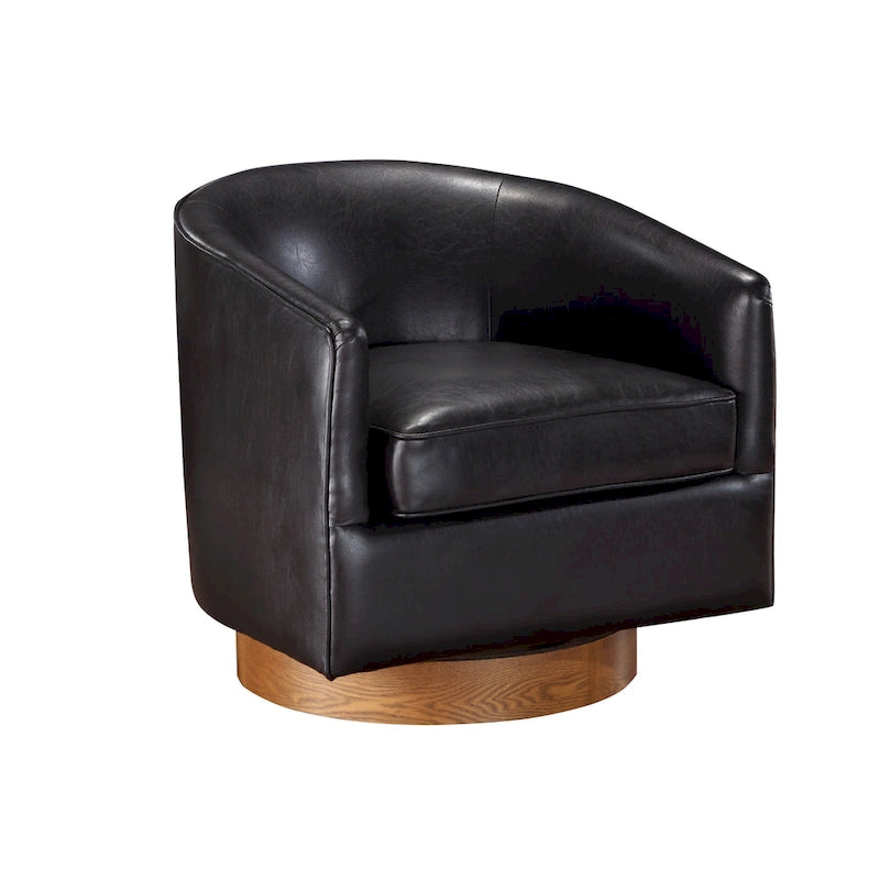 Poltrona girevole a barilotto in similpelle, base in legno massello, rotazione a 360°, stile Mid-Century moderno