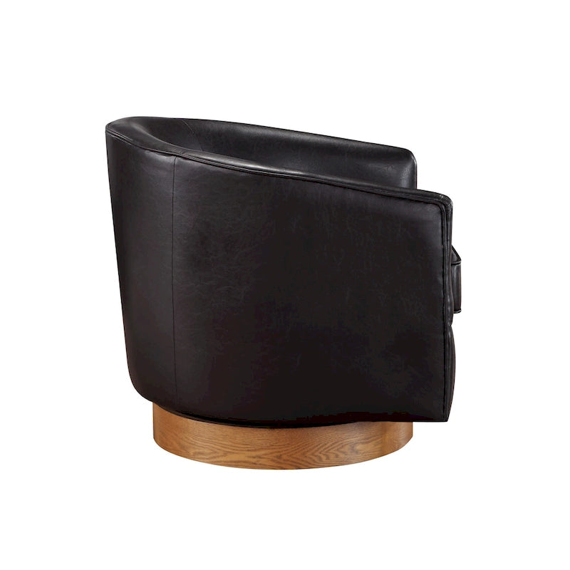 Poltrona girevole a barilotto in similpelle, base in legno massello, rotazione a 360°, stile Mid-Century moderno