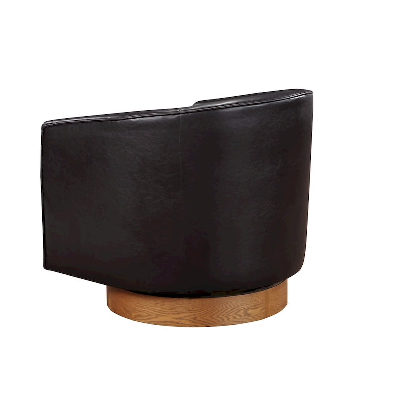 Poltrona girevole a barilotto in similpelle, base in legno massello, rotazione a 360°, stile Mid-Century moderno