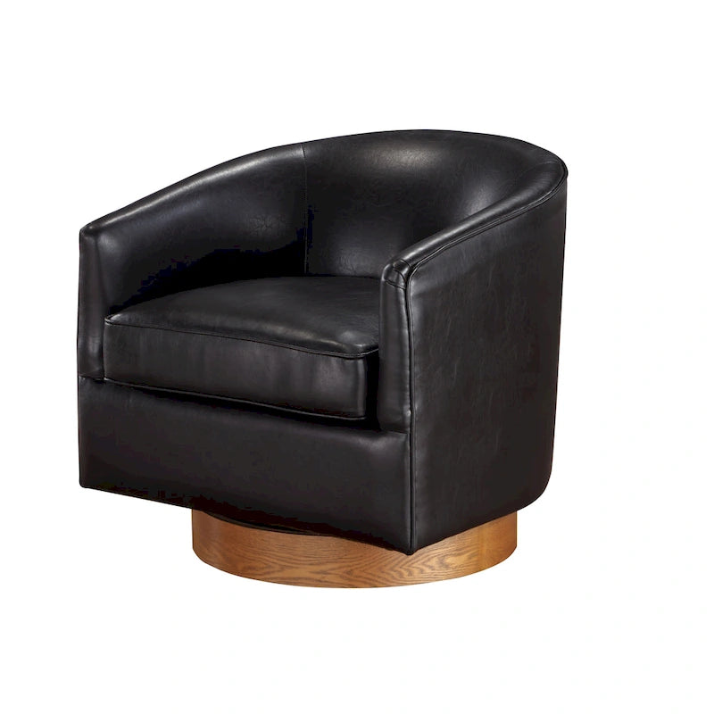 Poltrona girevole a barilotto in similpelle, base in legno massello, rotazione a 360°, stile Mid-Century moderno