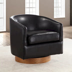 Poltrona girevole a barilotto in similpelle, base in legno massello, rotazione a 360°, stile Mid-Century moderno