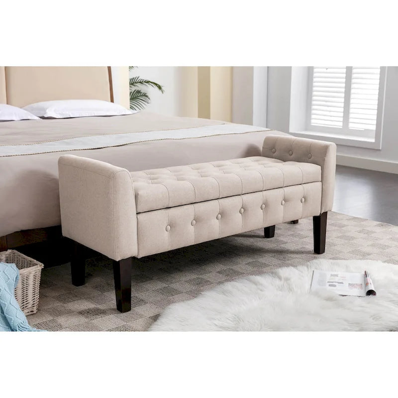 Panca pouf contenitore in tessuto trapuntato a bottoni, gambe in legno di gomma, coperchio ribaltabile, capacità 136 kg, 127 cm L x 59 cm H