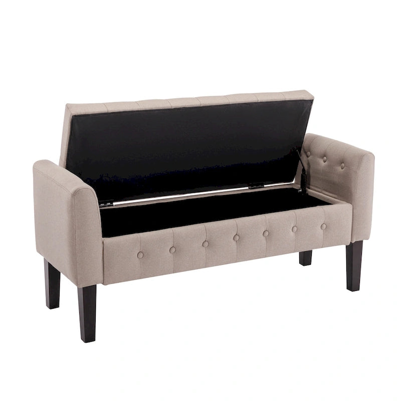 Panca pouf contenitore in tessuto trapuntato a bottoni, gambe in legno di gomma, coperchio ribaltabile, capacità 136 kg, 127 cm L x 59 cm H