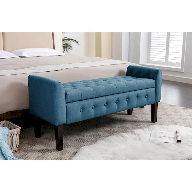 Panca pouf contenitore in tessuto trapuntato a bottoni, gambe in legno di gomma, coperchio ribaltabile, capacità 136 kg, 127 cm L x 59 cm H