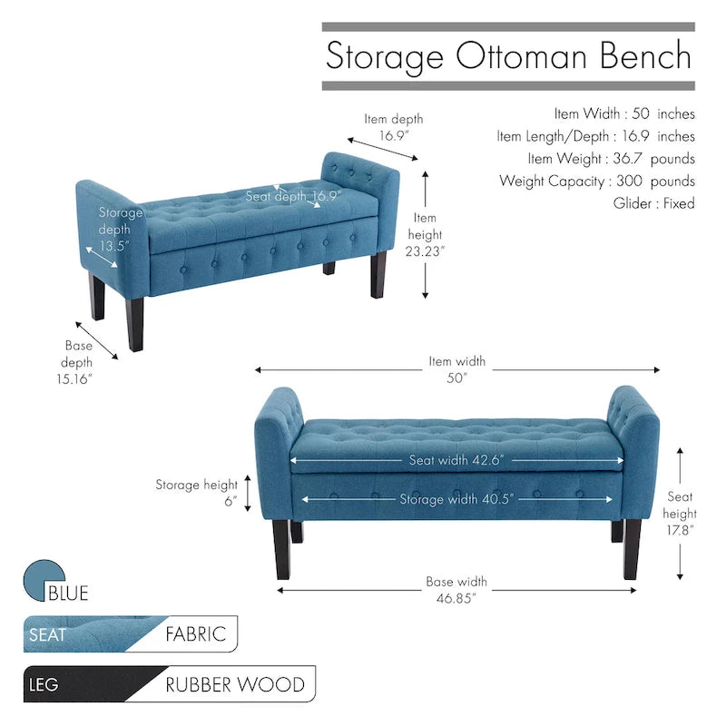 Panca pouf contenitore in tessuto trapuntato a bottoni, gambe in legno di gomma, coperchio ribaltabile, capacità 136 kg, 127 cm L x 59 cm H