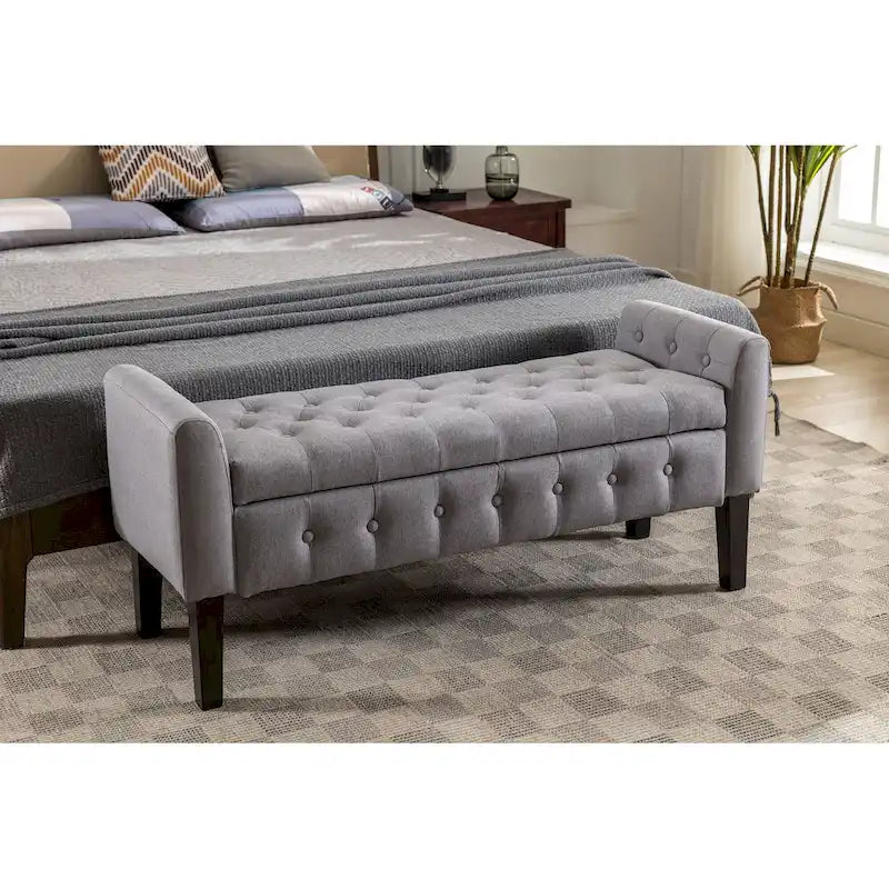 Panca pouf contenitore in tessuto trapuntato a bottoni, gambe in legno di gomma, coperchio ribaltabile, capacità 136 kg, 127 cm L x 59 cm H